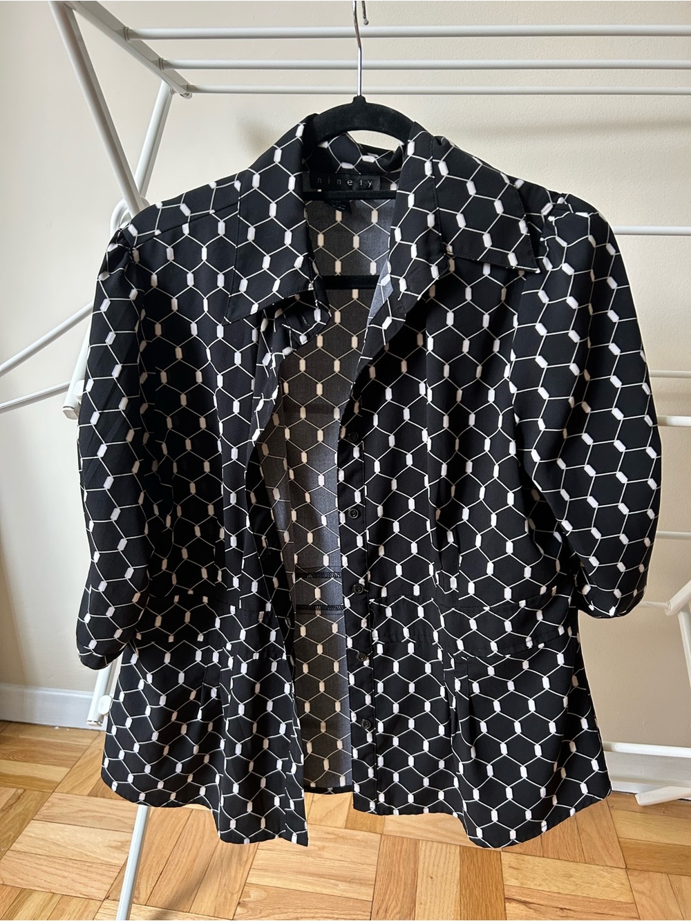 Ninety Black & White Hexagon Print Button-Front Top
